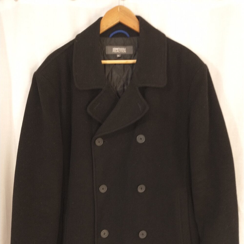 Kenneth Cole Reaction Black Double Breasted Wool Blend Pea Coat